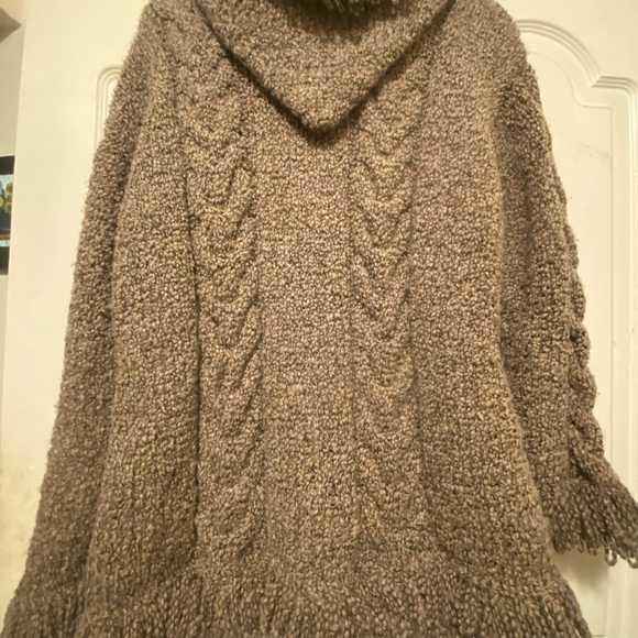 Native American Taupe Wool Chunky Zip Cardigan Sweater Fringe Boho Hippie Hood - Picture 7 of 9